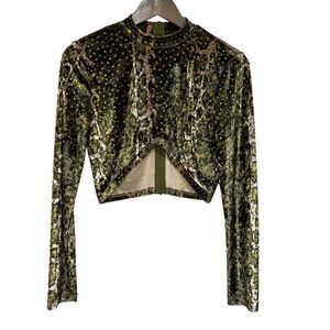 AKIRA Velvet Snake Rhinestone Crop Top Womens Medium Green Gold Long Sleeve